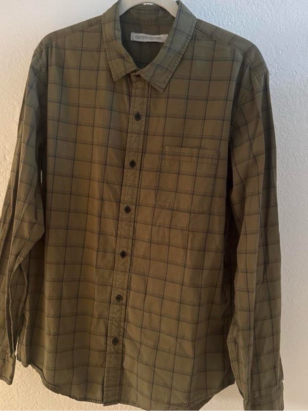 Outerknown Men's Olive Green Plaid Button-Down Shirt